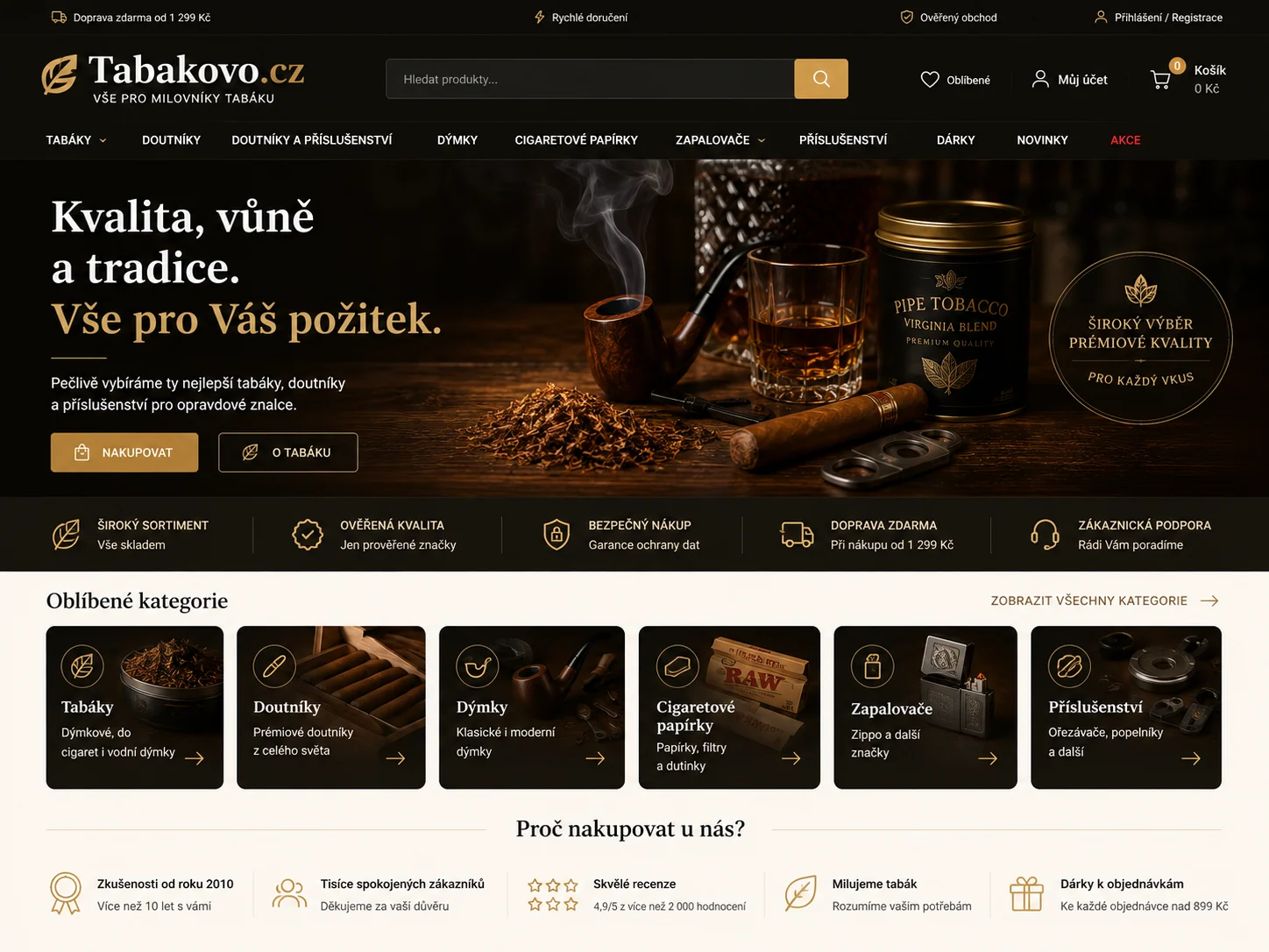 Ilustrační návrh Tabakovo.cz v hnědo-zlaté s tabákem a kuřáckým příslušenstvím
